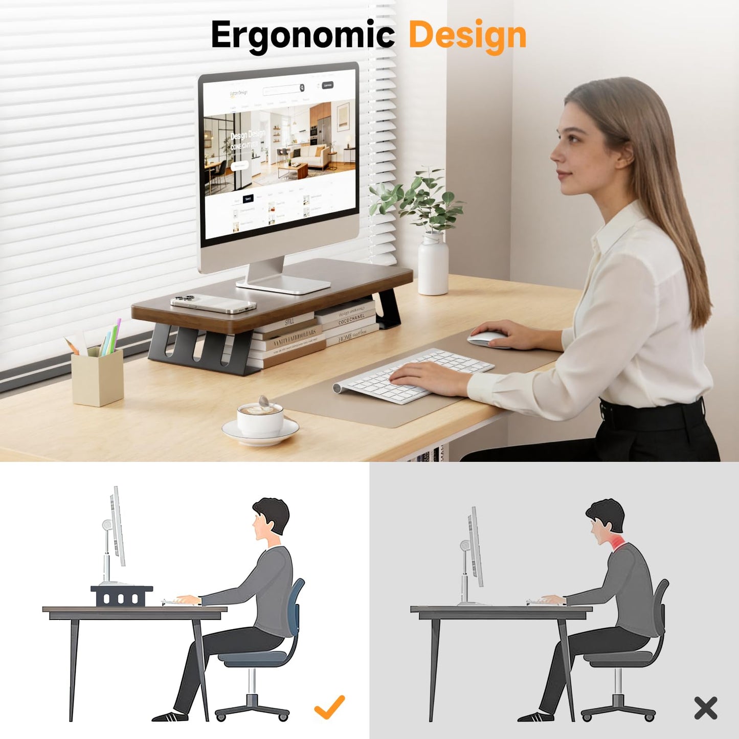 NestNeat Monitor Stand - 24 Inch Wood Monitor Stand Riser, 220 Pounds Load Capacity Desk Monitor Riser for Laptop/PC/Printer, Desktop Stands Organizer for Home Office