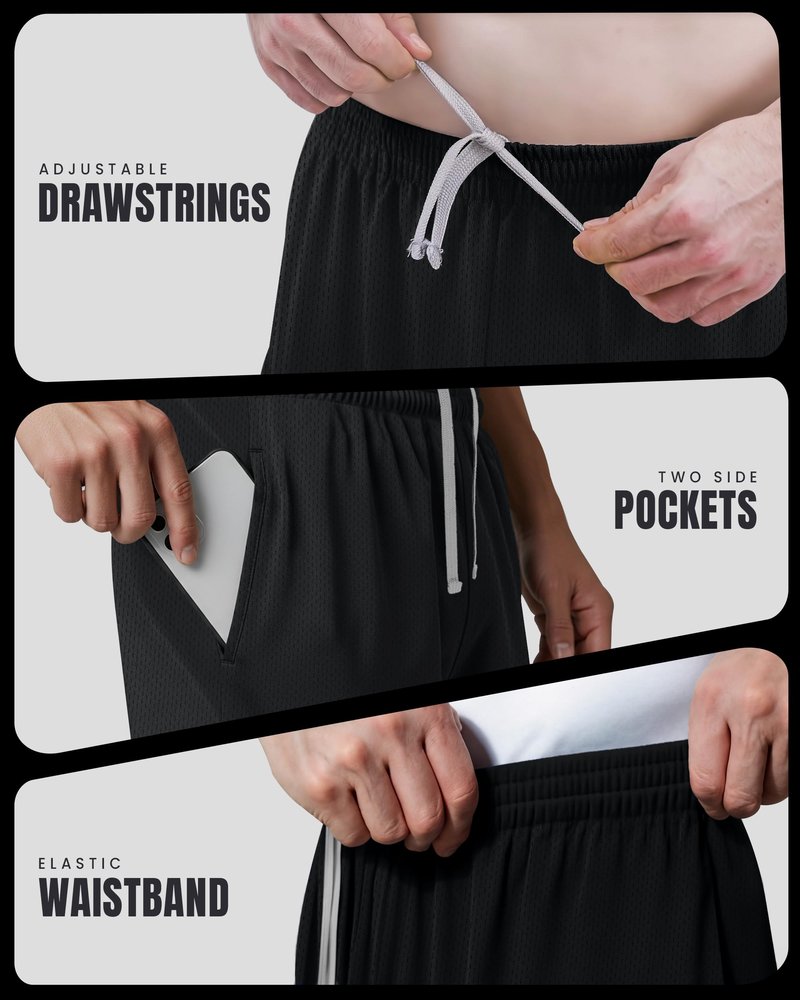 NY Threads 3 Pack Men's Athletic Shorts Quick Dry Lightweight Workout Running Gym Shorts with Pockets, Large, Black/Black/Dark Grey