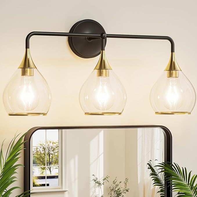 TETOTE 3-Light Modern Bathroom Light Fixtures, 3 Light Vanity Lights Over Mirror Black & Gold Wall Lamp with Clear Glass for Bathroom, Mirror, Living Room, Bedroom, Hallway