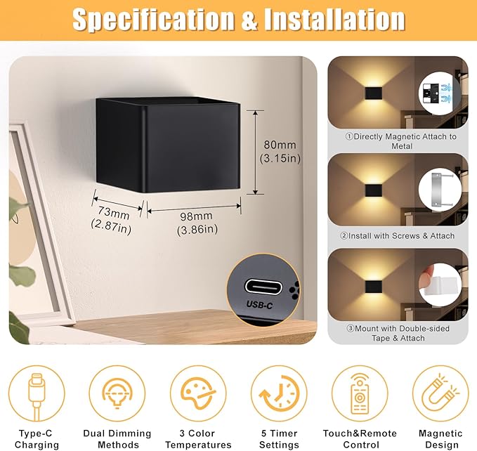 Motion Sensor Wall Sconces with Remote Control, 6000mAh Black Wireless Touch Control Rechargeable Wall Lamps with 3 Color Temperatures, LED Up Down Battery Operated Wall Lights Indoor, 2-Pack