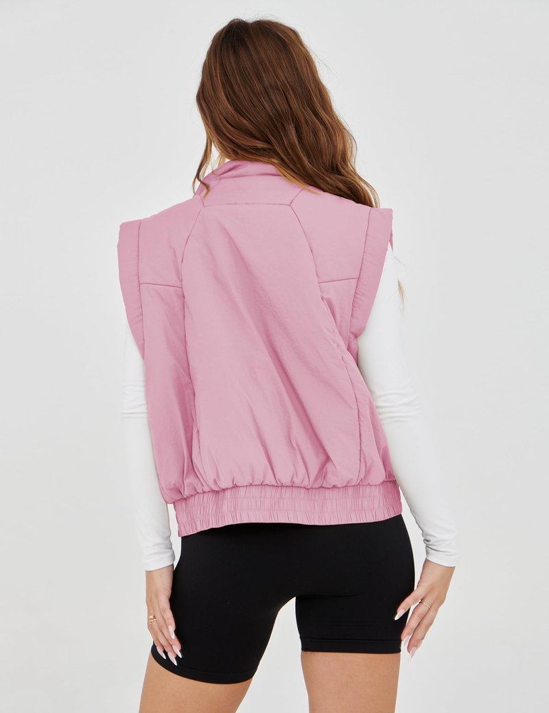 Lviefent Womens Puffer Vest Cropped Lightweight Button Down Quilted Vest Sleeveless Padded Gilet Coat with Pockets (Pink-M)