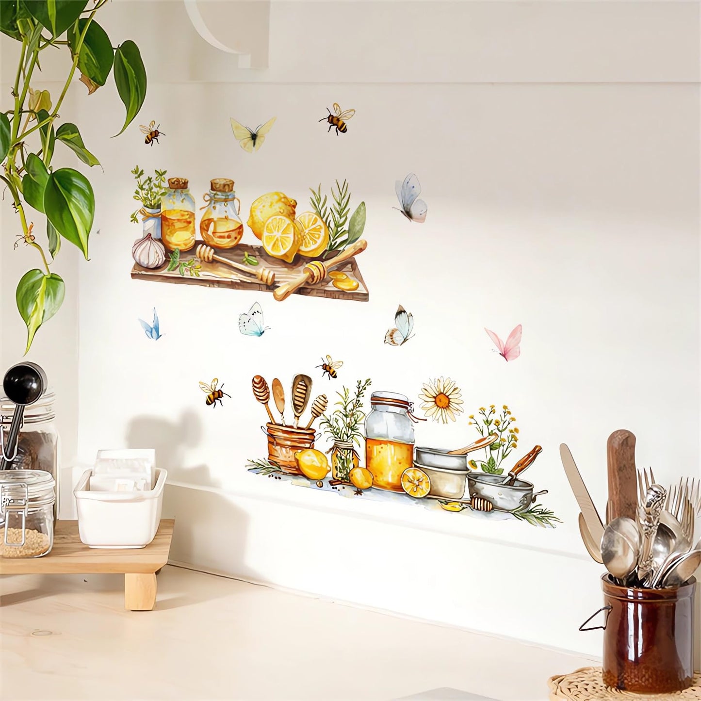 Lemon Honey Bee Butterfly Kitchen Wall Stickers, sacinora Kitchenware Utensil Shelf Yellow Fruit Wall Decals Removable Vinyl Peel and Stick Kitchen Dining Restaurant Bar Home Decorations