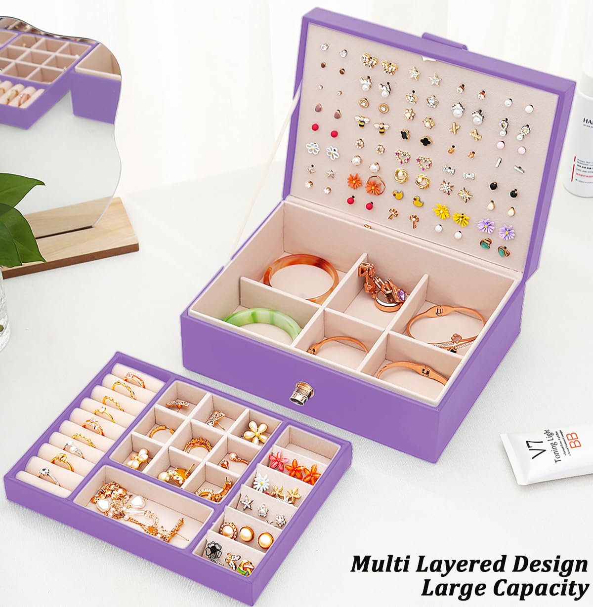 Earrings Jewelry Box for Girls, Large Capacity Jewelry Organizer with 40-Pair Earring Board, 2-Layer Leather Jewelry Storage Box for Necklaces Rings Bracelets with Removable Tray(Gift Idea),Purple