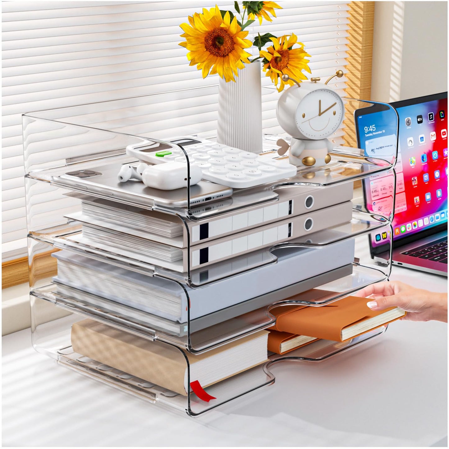 Paper Organizer Letter Tray, 4 Pack Acrylic Stackable Desk File Organizer,Versatile Clear Office Organizer for File Paper, Ipad, Letter, A4 Office File, Books, Notes, Etc