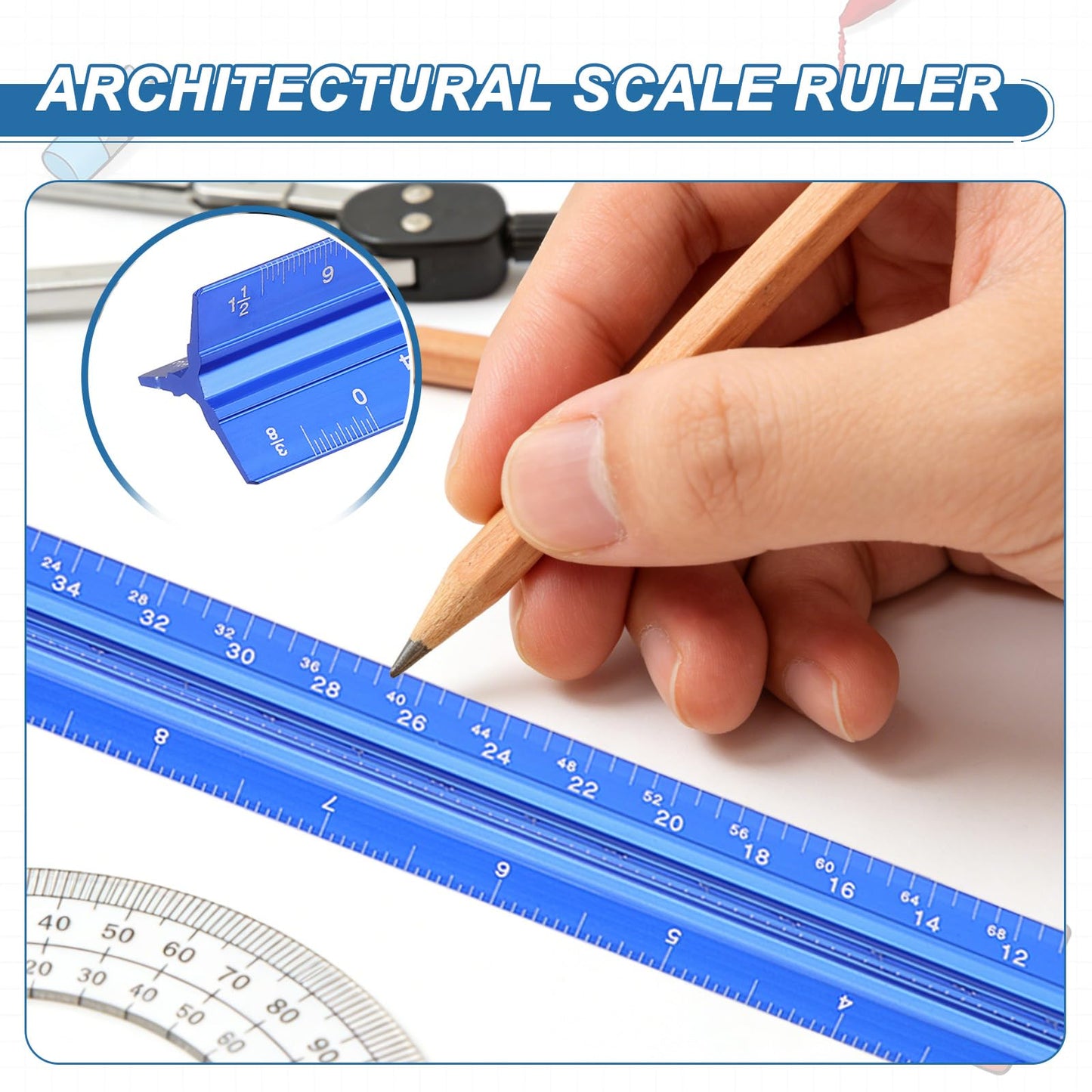 PATIKIL 13 Inch Imperial Engineer Scale Ruler, Architectural Scale Ruler Aluminum Triangular Civil Drafting Tool for Architect Blueprint Engineering Office Supplies, Blue