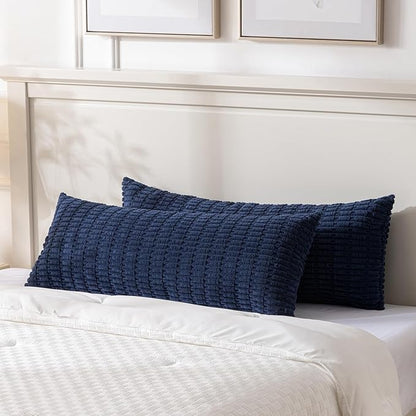 Fancy Homi Navy Blue Long Body Lumbar Decorative Throw Pillow Covers 20x54 Inch for Bed Couch Bedroom Bench, Soft Corduroy Rectangle Solid Pillow Case, Rustic Farmhouse Boho Room Decor