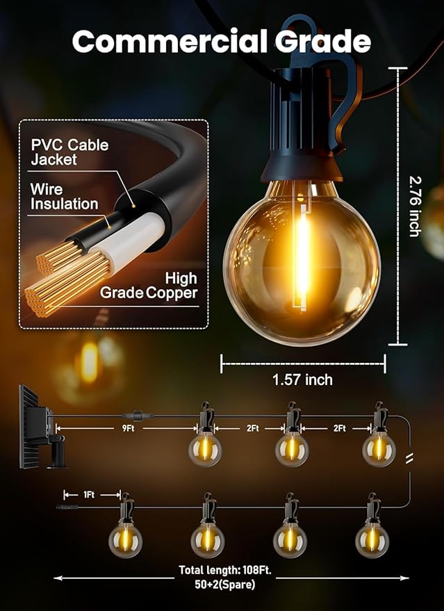 Brightown 108FT Solar String Lights Outdoor with Remote and 52 LED Shatterproof Bulbs, Dimmable & Timable, 3 Light Modes, Solar Patio String Lights Outdoor for Cafe, Garden, Deck, Outside Wedding