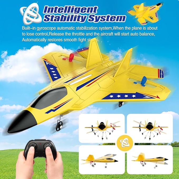 Fremego F22 RC Airplane 2.4GHz Remote Control Plane with Gyro Stabilizer LED Lights &amp Dual Batteries Easy Fly RC Glider for Kids Boys Adults Beginners(Yellow)