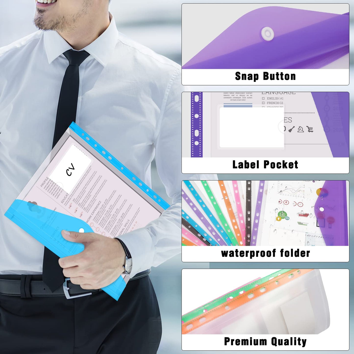 Colorlife Binder Pocket 12 Pack Plastic Envelopes Binder Folders 11 Holes Expandable Binder Folders for 2/3/4 Ring Document Pouch with Snap Button & Label Loose-Leaf Transparent for Office School Home