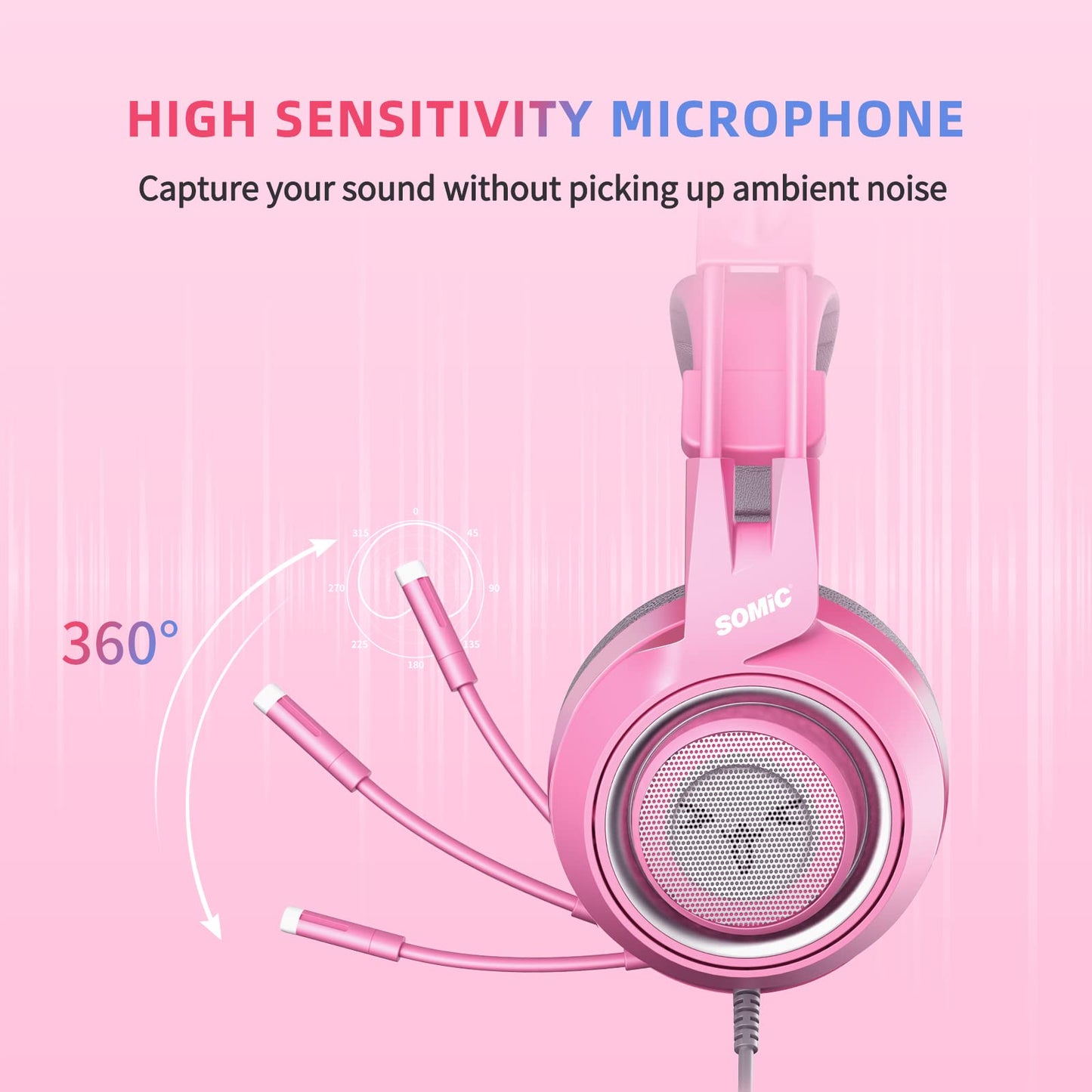 SOMIC G951s Pink Stereo Gaming Headset with Mic for PS4,Xbox,PC,Mobile Phone,3.5mm Noise Reduction Cat Ear Headphones Lightweight Over Ear Headphones for Woman