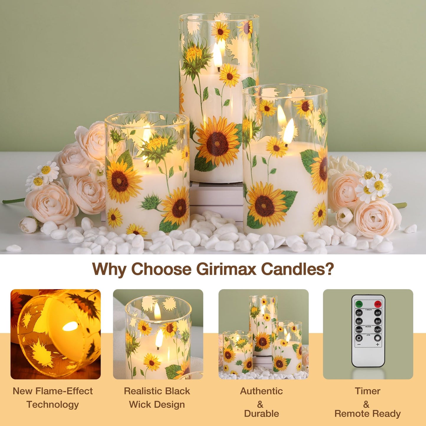 Girimax Sunflower Glass Flameless Pillar Candles with Remote, Flickering LED Battery Candles Summer Home Decor Set of 3