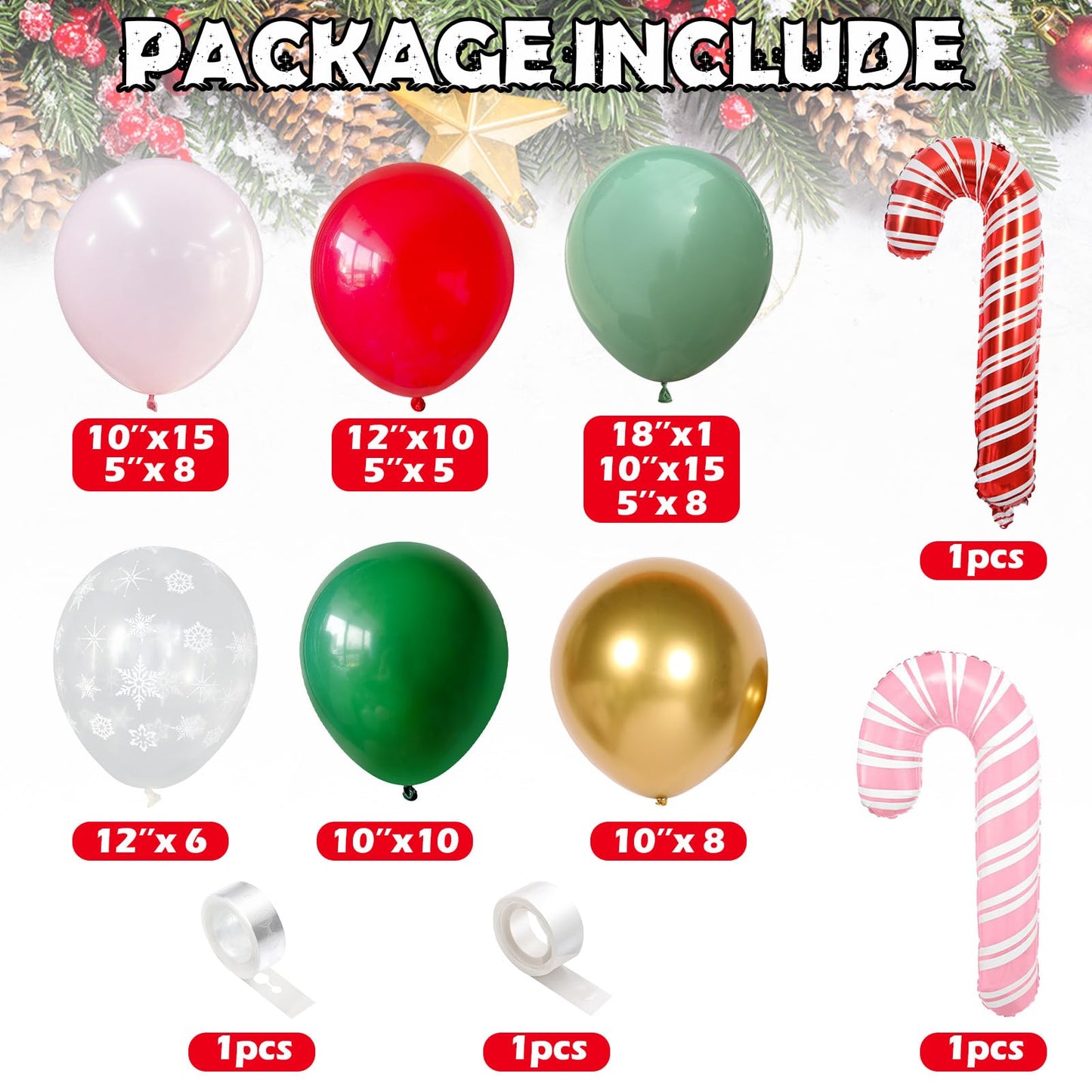Christmas Balloon Garland Arch kit for Girls, Dark Sage Green Pink Red Gold Snowflake Xmas Balloon Arch with Red Pink Candy Cane Foil Balloons Set for Women New Year Holiday Birthday Party Decorations