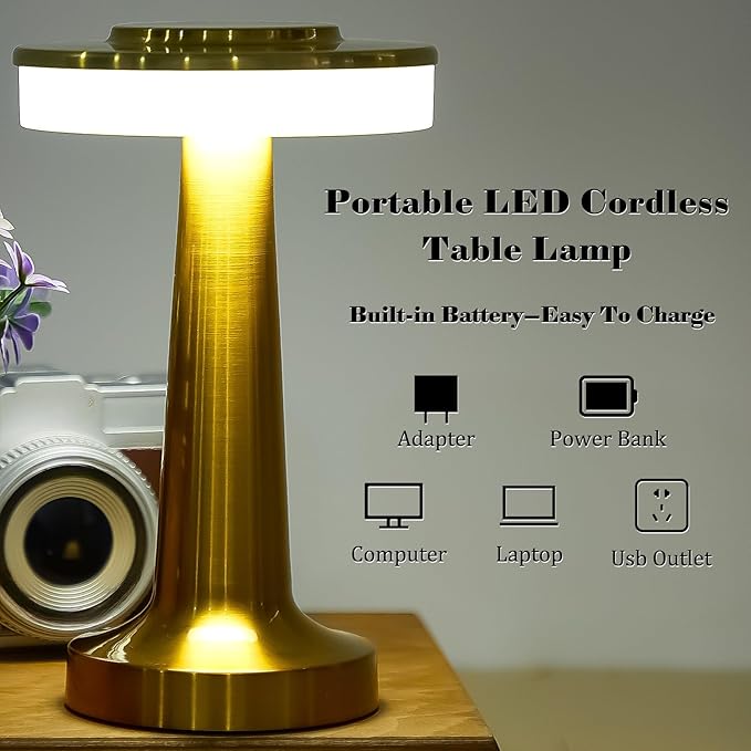 VIHOSE 8 Pcs 8 Pcs Cordless Table Lamps LED Portable Rechargeable Table Lamp with Touch Sensor 3 Color Dimming up to 15 Hours Battery Desk Light for Restaurant Nursery Living Room (Gold)