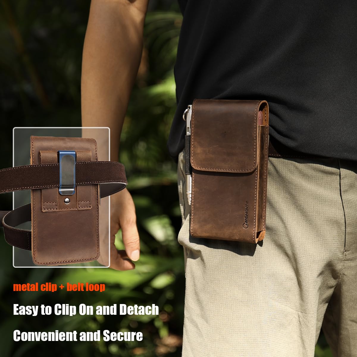 Gentlestache Leather Phone Holster for iPhone 16 Pro, 15 Pro, 14 Pro - Cell Phone Case for Galaxy S25, S24, S23 - Belt Clip Phone Pouch - Fits with Thick Case, Darkbrown-L