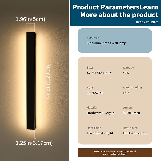 47inch Modern LED Wall Light, 3 Color Lights 3000K/4500K/6000K, IP65 Waterproof Outdoor Light Fixture, Black Aluminum Minimalist Exterior Wall Sconce for Patio, Garden, Garage, Porch
