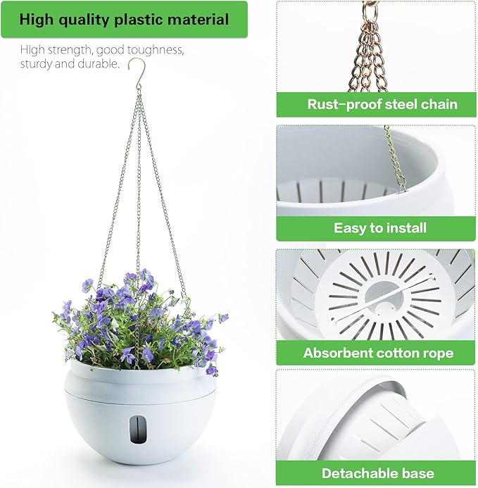 Sungmor 2PC 6.5" & 8.7" Dia. Self Watering Hanging Planters, Strong Plastic Hanging Flower Pots, Decorative Indoor Outdoor Hanging Basket, Garden House Porch Yard Detachable Base Suspended Plant Pots