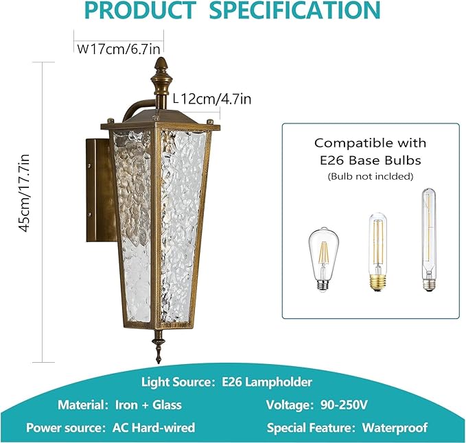 Outdoor Wall Light,Vintage Gold E26 Base 16.7in - Exterior Waterproof Lantern Metal with Clear Glass,Farmhouse Porch Sconce Wall Mount Lighting,for Garage,Patio,Front Door,Entryway