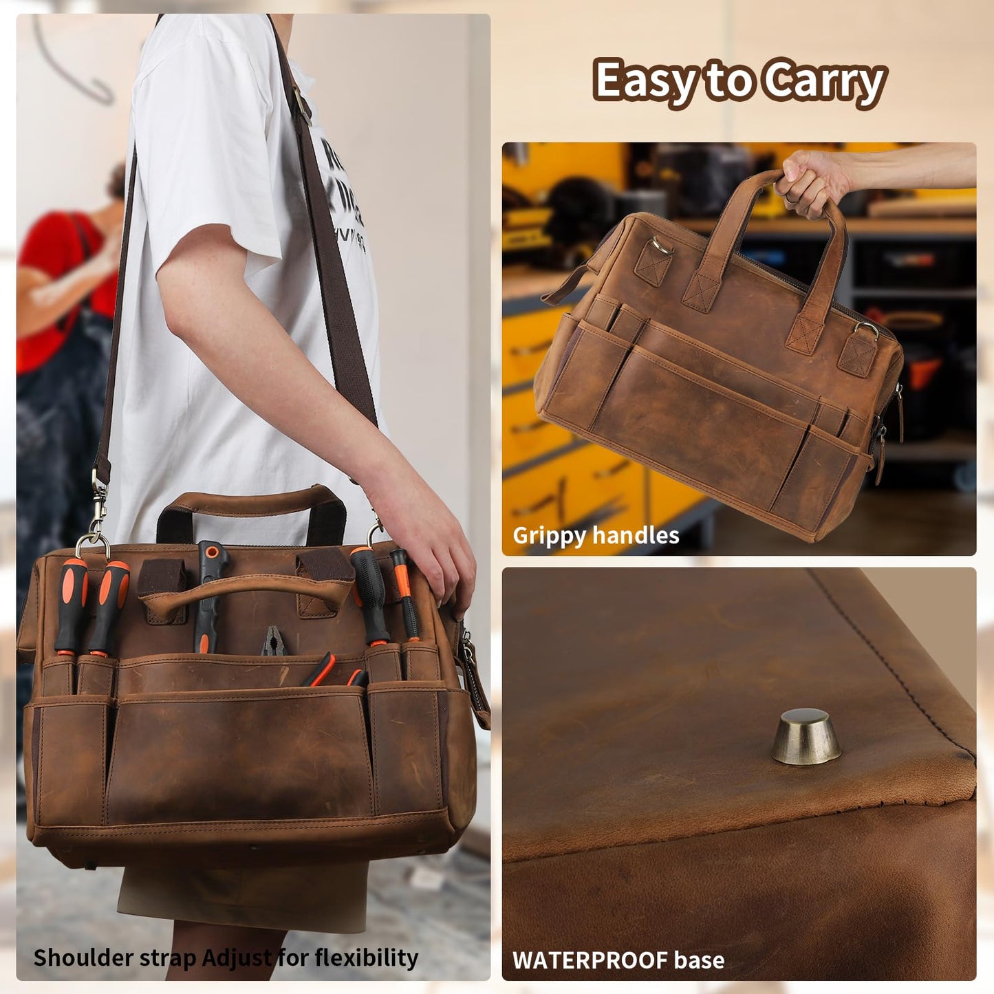 Leather Tool Bag Wide Mouth Tool Storage Bag for Hand Tools 16 inch Tool Tote Bag, Gardening, Outdoorsmen, Heavy Duty Organizer Electrician Tool Bag