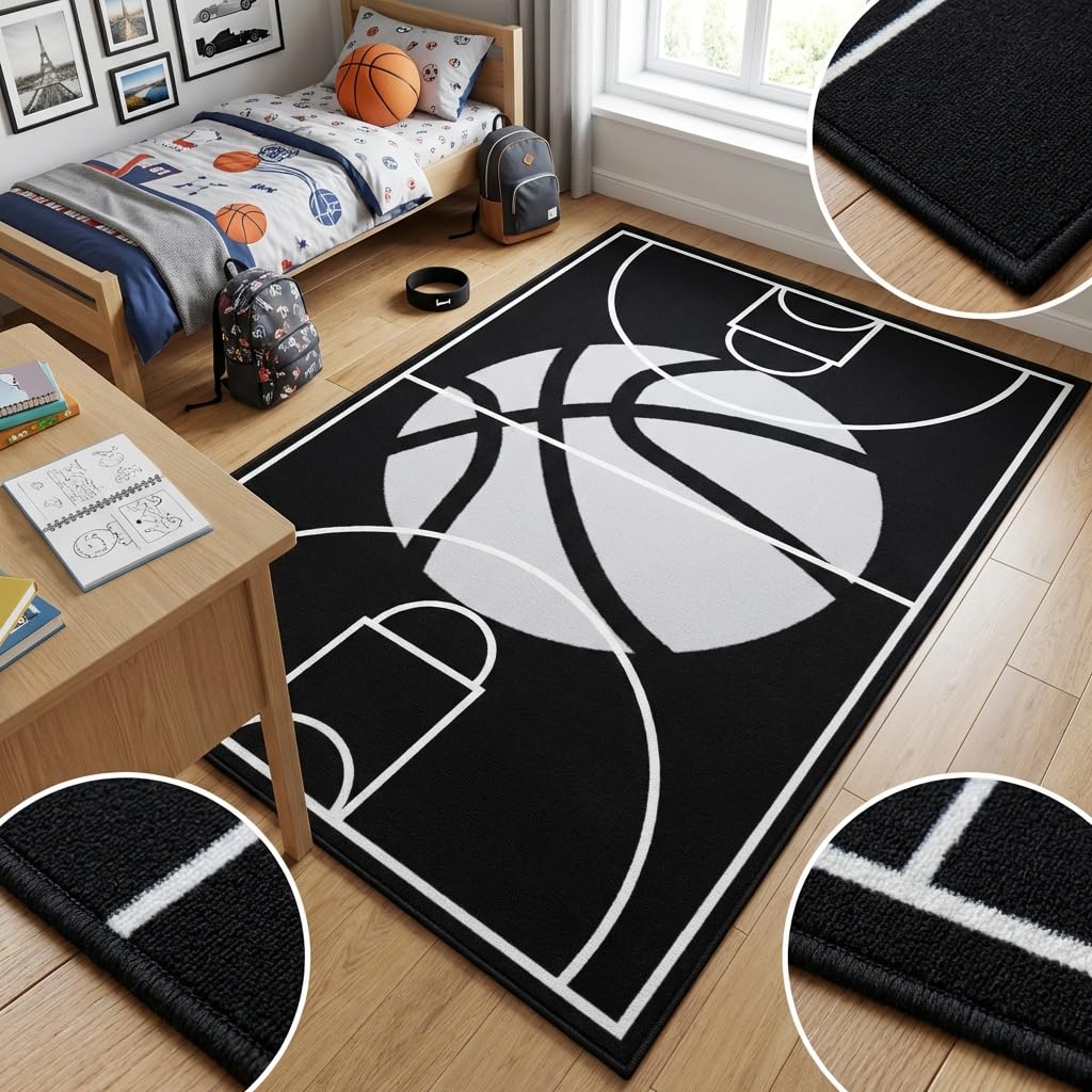 Basketball Court Rug - Basketball Rug for Boys Bedroom Sports Carpet for Boys Bedroom Sports Rug for Room Decor,Black,2'5''×4'