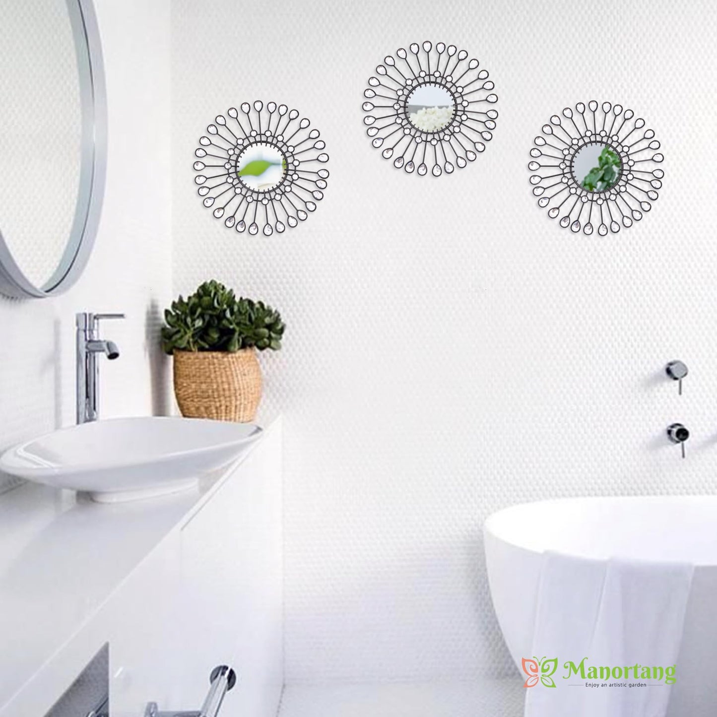 Black Mirrors 3 Piece,Sunburst Mirror Hanging Wall Decor,9inch indoor Adorn