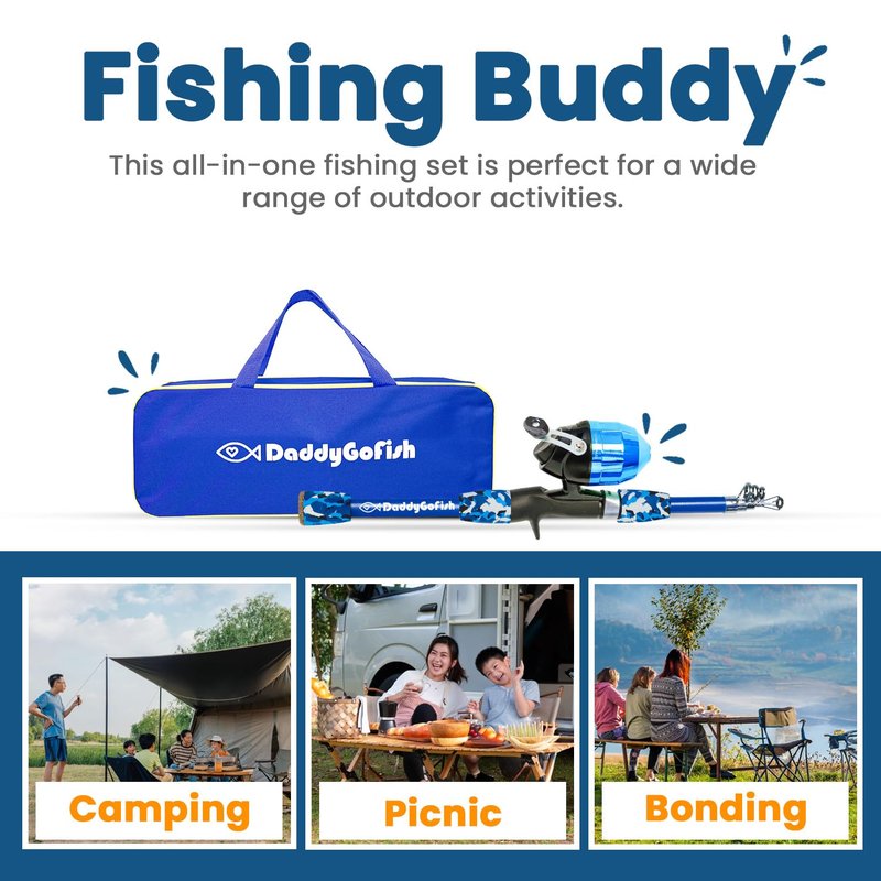 DaddyGoFish Kids Fishing Pole - Rod Reel Combo Tackle Box Starter Set - First Year Small Gear Kit for Boys Girls Toddler Youth Age Beginner Little Children (Essential Set, Blue, 4ft)