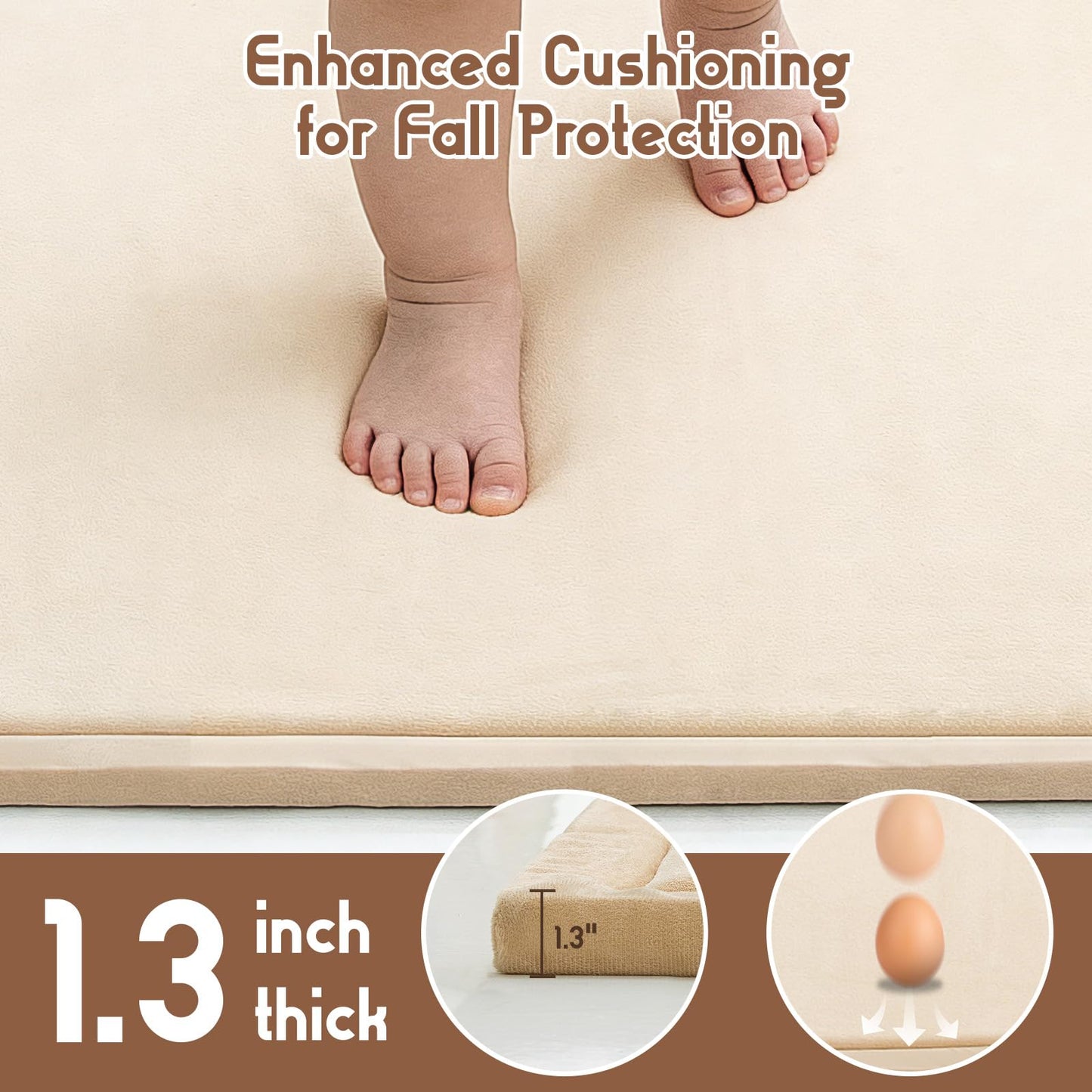 TreeBud Baby Play Mat for Floor, 1.3 Inch Thick Memory Foam Tummy Time Mat with Non Slip Backing, Soft Coral Velvet 50×50 Inch Playpen Mat Crawling Tatami for Infants Toddlers Kids, Beige