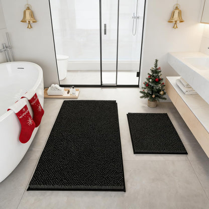 RUN HELIX Bathroom Rugs Set 2 Piece Thick Chenille Bath Mats, Soft Quick Dry Plush Absorbent Bath Rugs with Non-Slip PVC Backing, 32x20+24x16 Inch Black