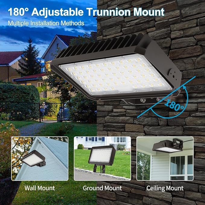 150W LED Flood Light with Dusk-to-Dawn Photocell, 130lm/W 5000K Daylight 100-277V IP65 Waterproof, 150W-100W-75W Adjustable, LED Parking Lot Light with Trunnion Mount, ETL