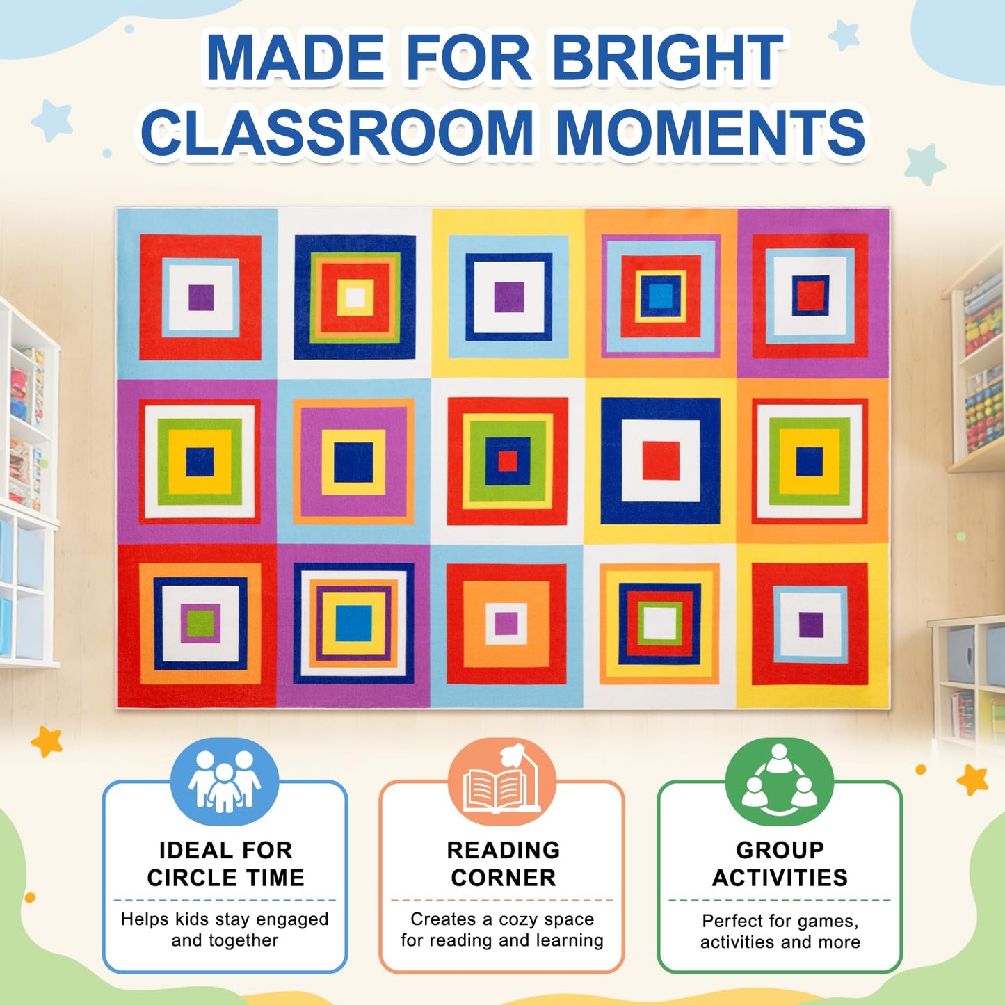 Classroom Rug for Kids, 6x9 ft Non-Slip Classroom Seating Carpet, Preschool Circle Time Rug for Kindergarten Daycare Nursery, Playroom Reading Corner Floor Mat, 20 Seats