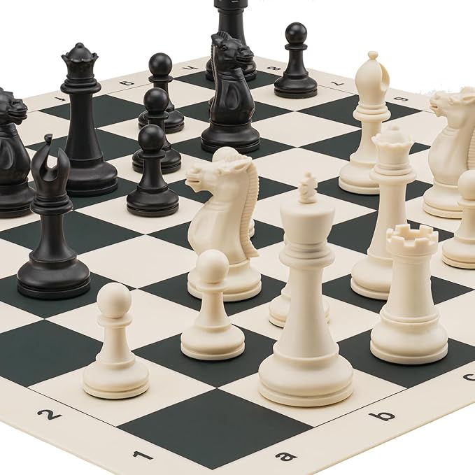 A&ampA Tournament Chess Set/ 20''x20'' Foldable Silicone Chess Board / 3.75'' King Height Plastic Quadruple Weighted Classic Staunton Pieces/Storage Bag for 6 Years Old - 2 Players