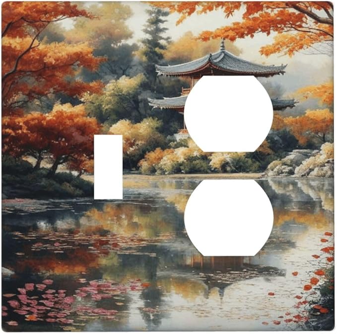 Decorative Art Light Switch Covers Lake & Pagoda in Fall 2 Gang Single Toggle Duplex Combination Electrical Faceplate Switchplate Wall Plate for Home Decor