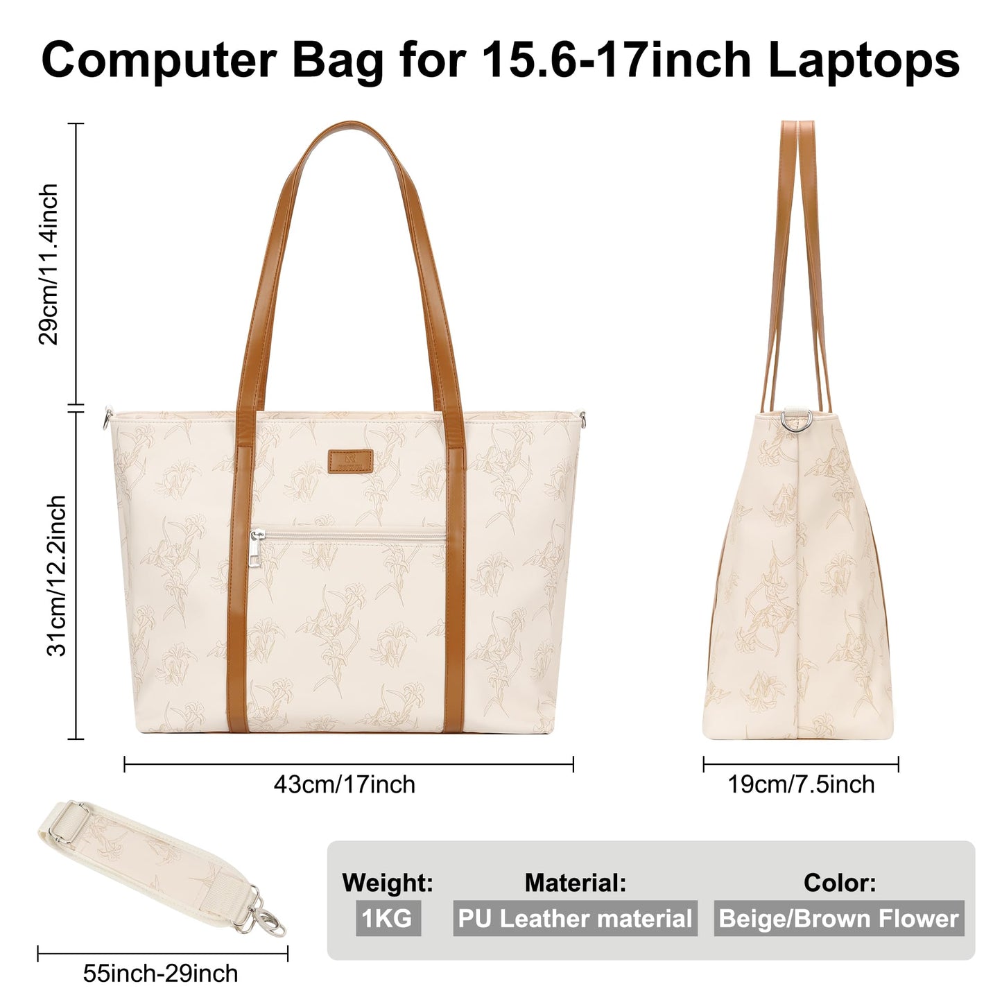 Laptop Bag for Women 17 Inch, Leather Laptop Tote Bag Waterproof Computer Bag Office Work Bag Business Briefcase with Compartment&Shoulder Straps (A3-Beige/Brown Flower, 17.3 inch)