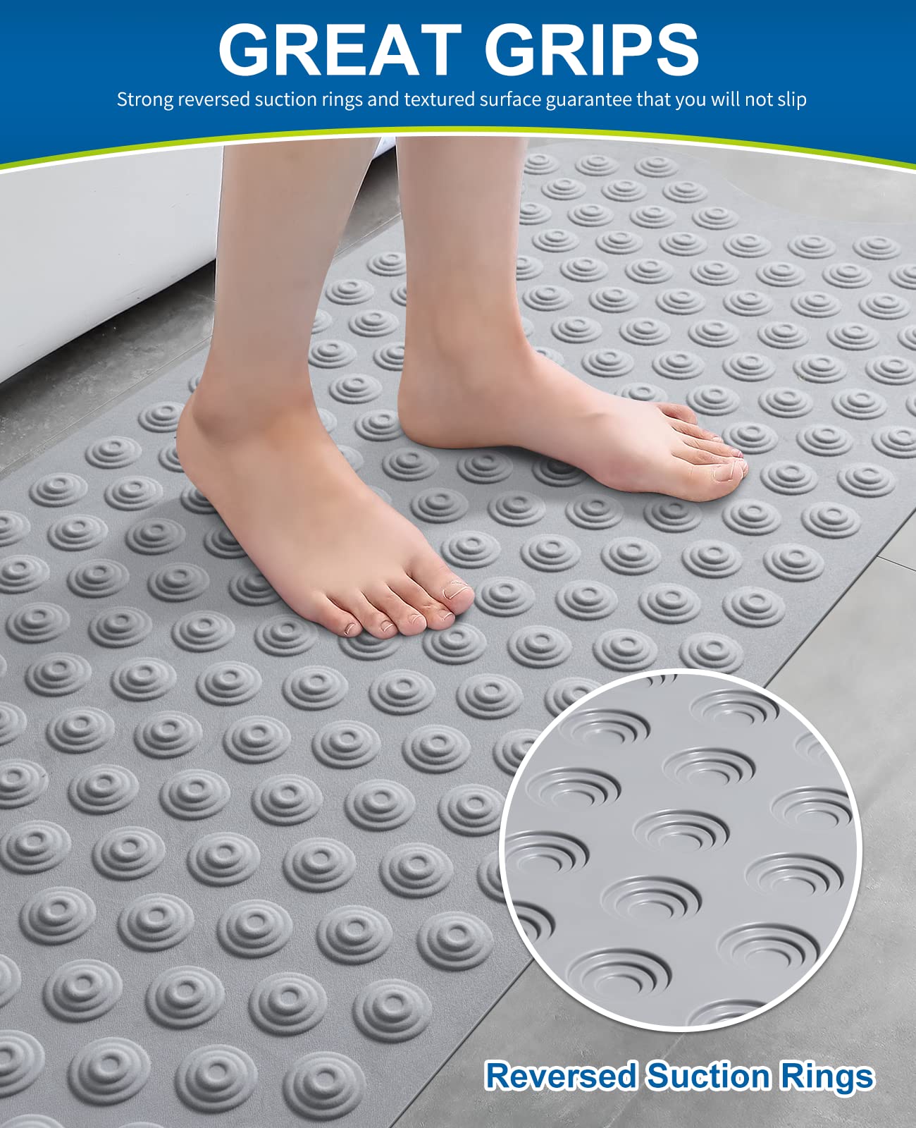 Bligli Bathtub Mat Non-Slip Without Suction Cups, 39x16inch Extra Long Bath Mats for Shower Bathroom, Machine Washable Natural Rubber Shower Tub Mat (39x16inch, Gray)