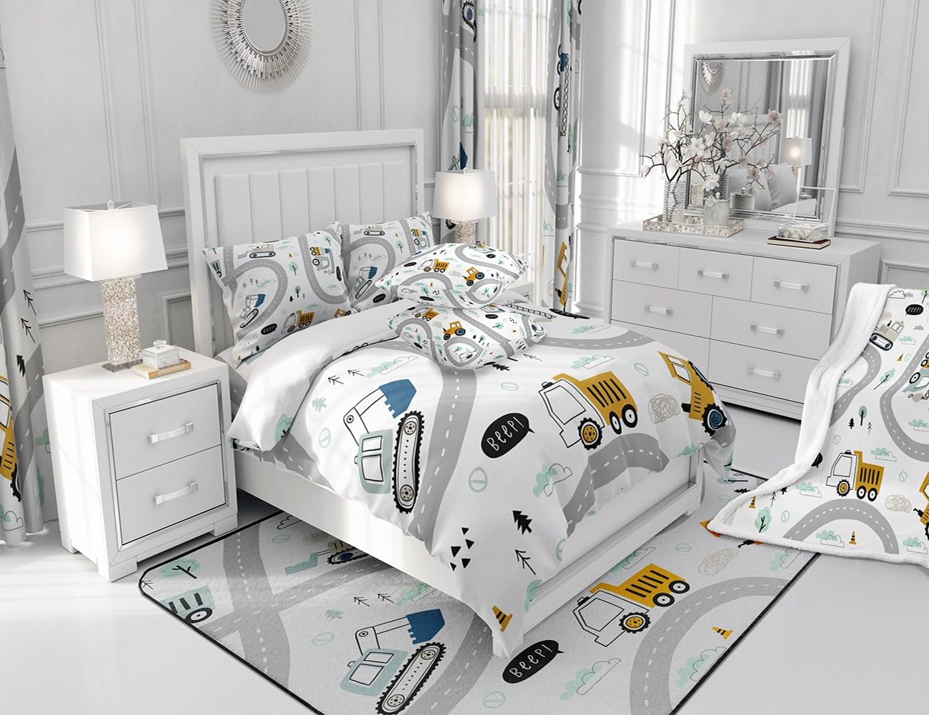 Construction Area Rug 5x7 Kids Equipment Trucks Decorative Carpet Set for Boys Teens Downtown Road Living Room Rugs Construction Vehicles Grey Yellow Indoor Floor Mat Room DecorAccent Rug
