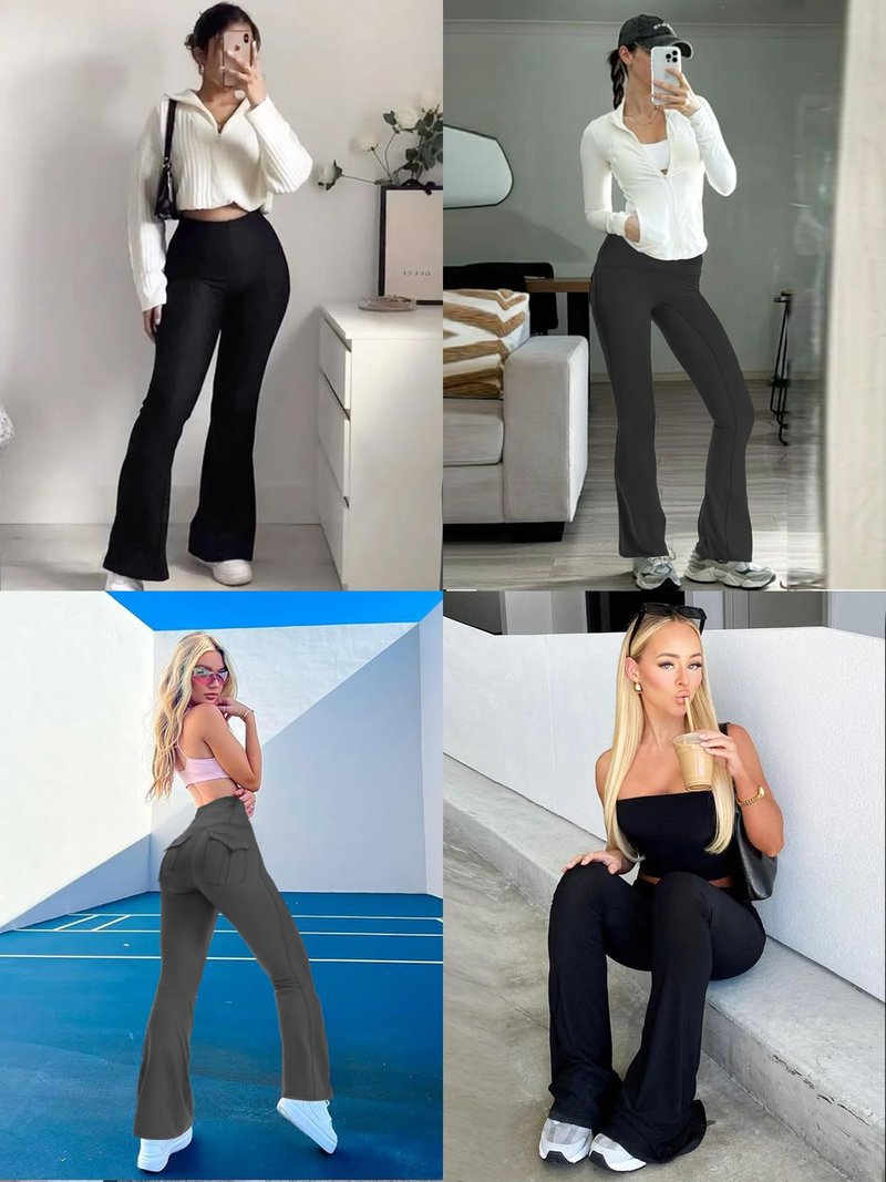 Women's Flare Leggings with Pockets High Waisted Butt Lifting No Front Seam Tummy Control Bootcut Yoga Pants for Women Black