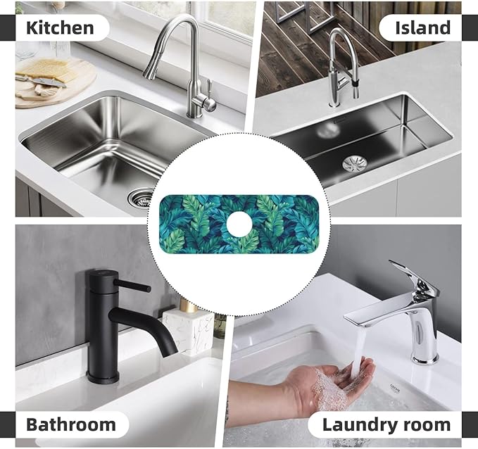 Palm Leaves Tropical Summer Green Hawaiian Kitchen Sink Splash Guard Faucet Mat