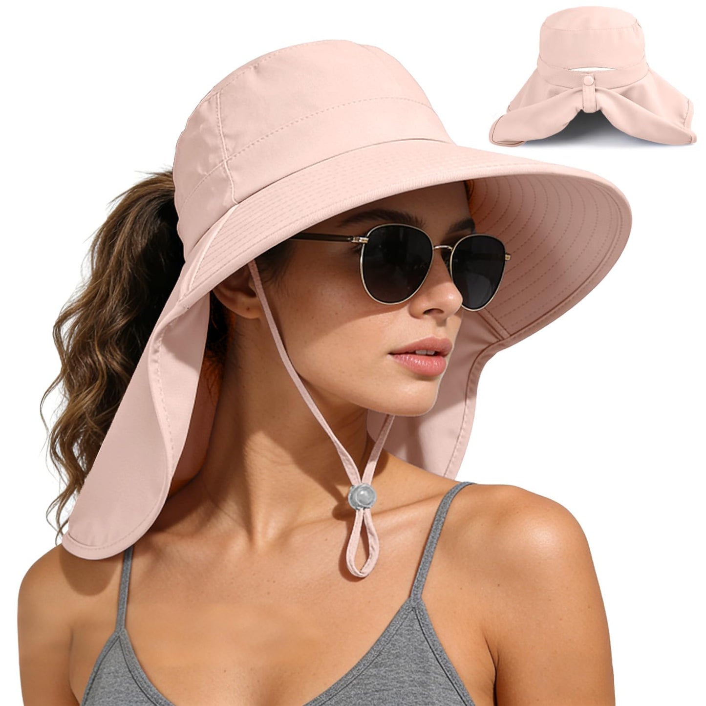 Sun Hat for Women with Neck Flap Ponytail Hole Women Sun Hat Rollable UV Protection Fishing Hat Wide Brim UPF 50+(Pink)