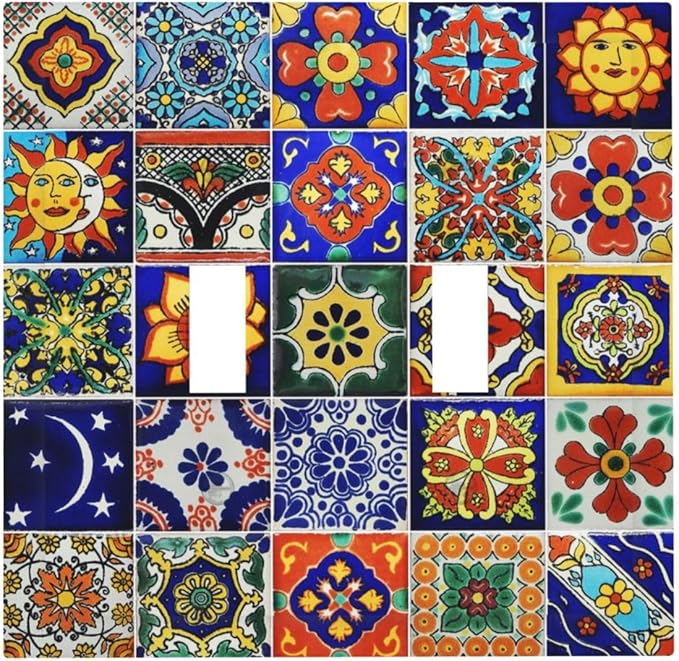 Traditional Colorful Talavera Mexican Spanish Moroccan Tiles Double Toggle Light Switch Cover Decorative 2 Gang Wall Plate Electrical Switchplate Faceplate for Bathroom Decorate Accessories