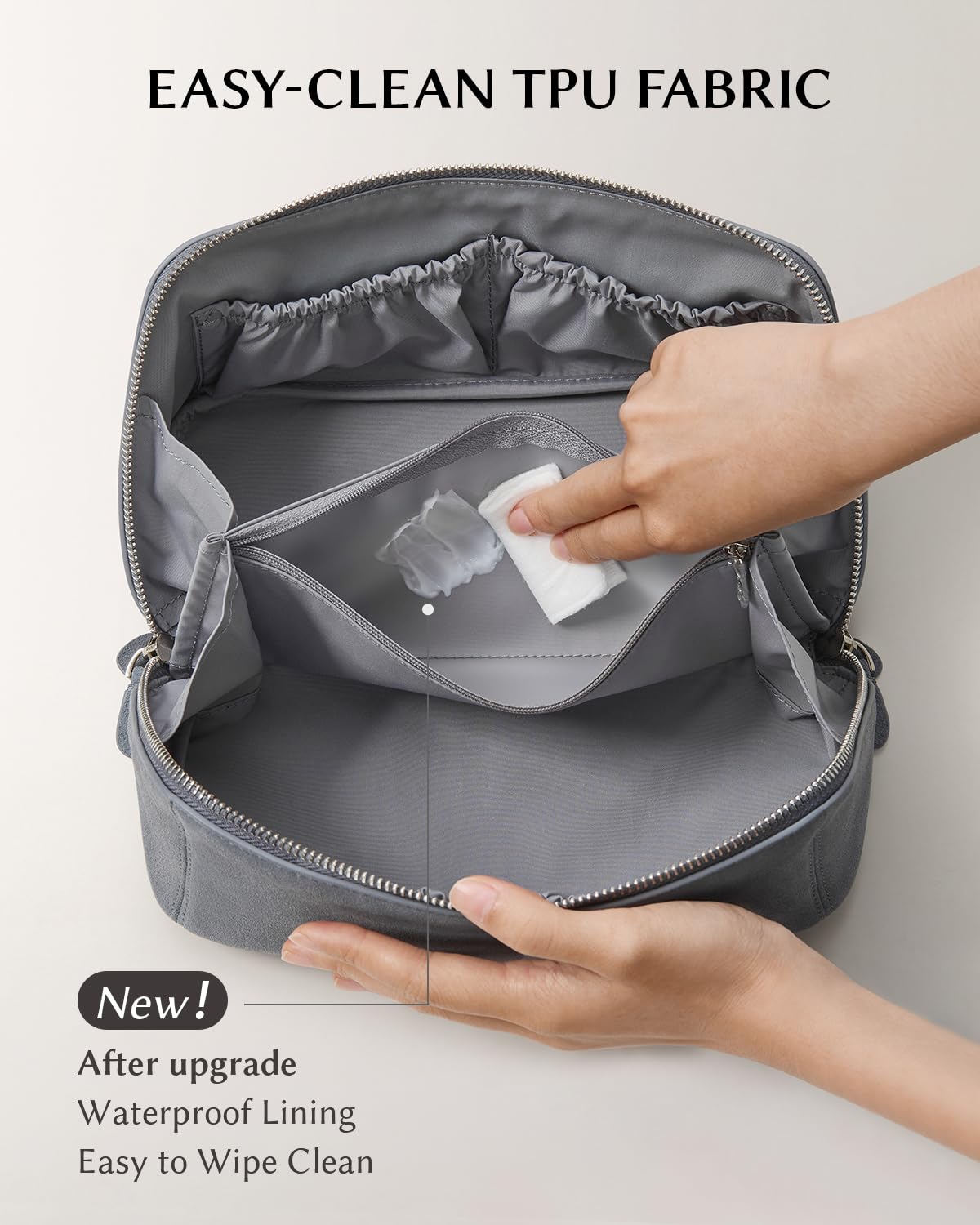 EACHY Leather Makeup Bag, Portable 180° Wide-Open Flat Cosmetic Bag for Women, Large Capacity Make Up Organizer Makeup Pouch with Divider and Handle