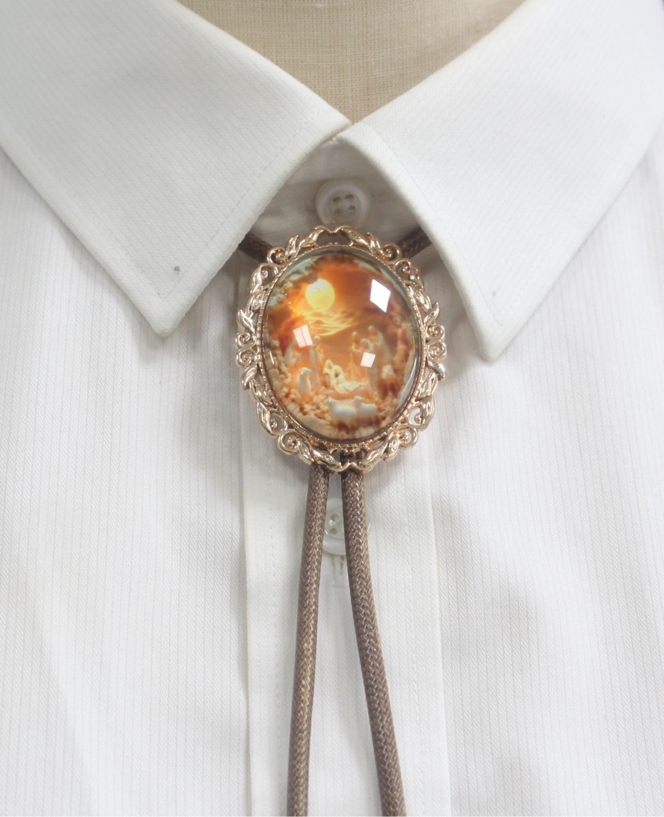 PEARLY JUN Bolo Tie for Women Men Flower Rose Western Cowboy Brown Leather Country Style String Vest Gifts (Gold - Saintly Baptism)