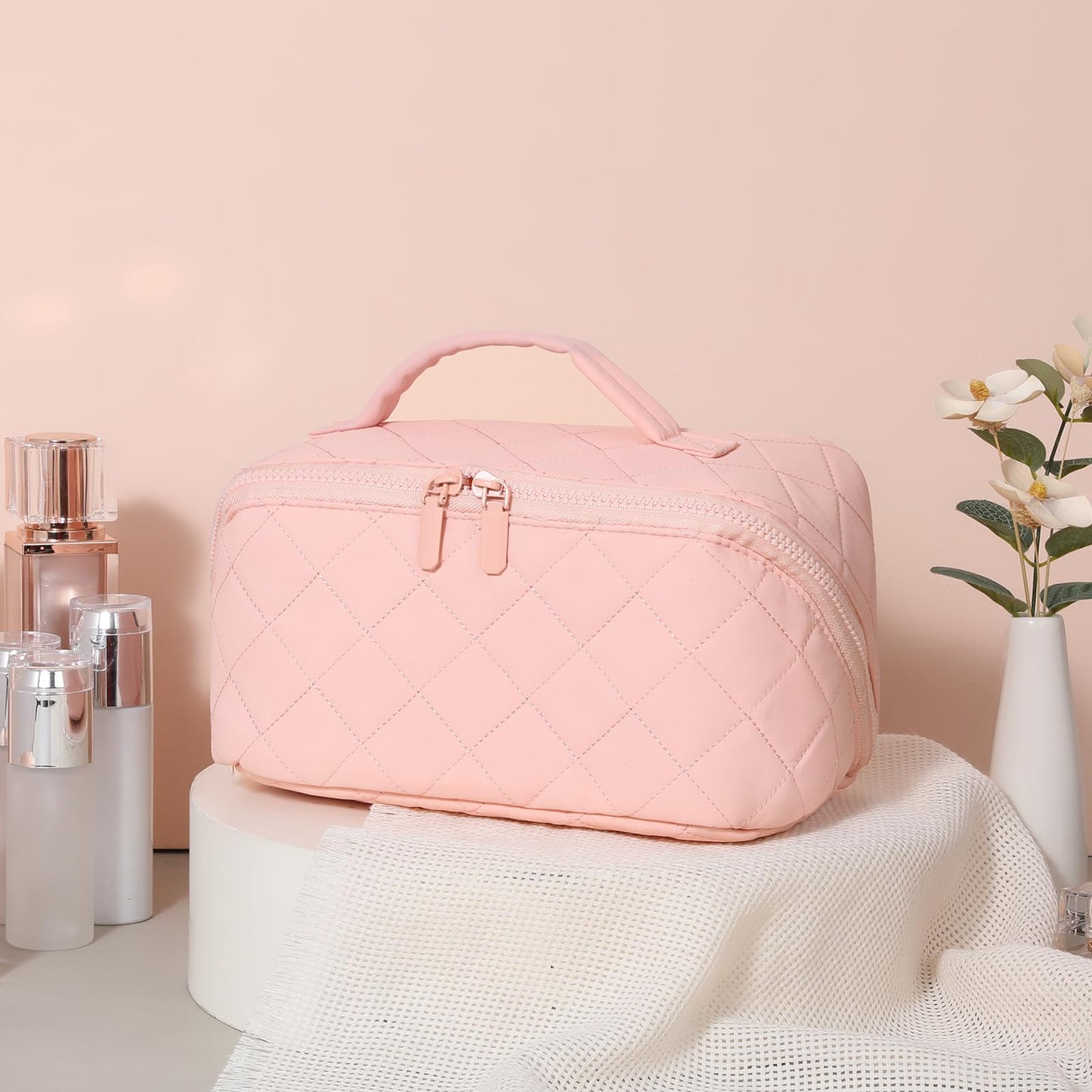 AMXNX Makeup Bag for Woman Quilted Puffer Cosmetic Bags Travel Organizer Large Capacity Wide-open Pouch Toiletry Bag Set