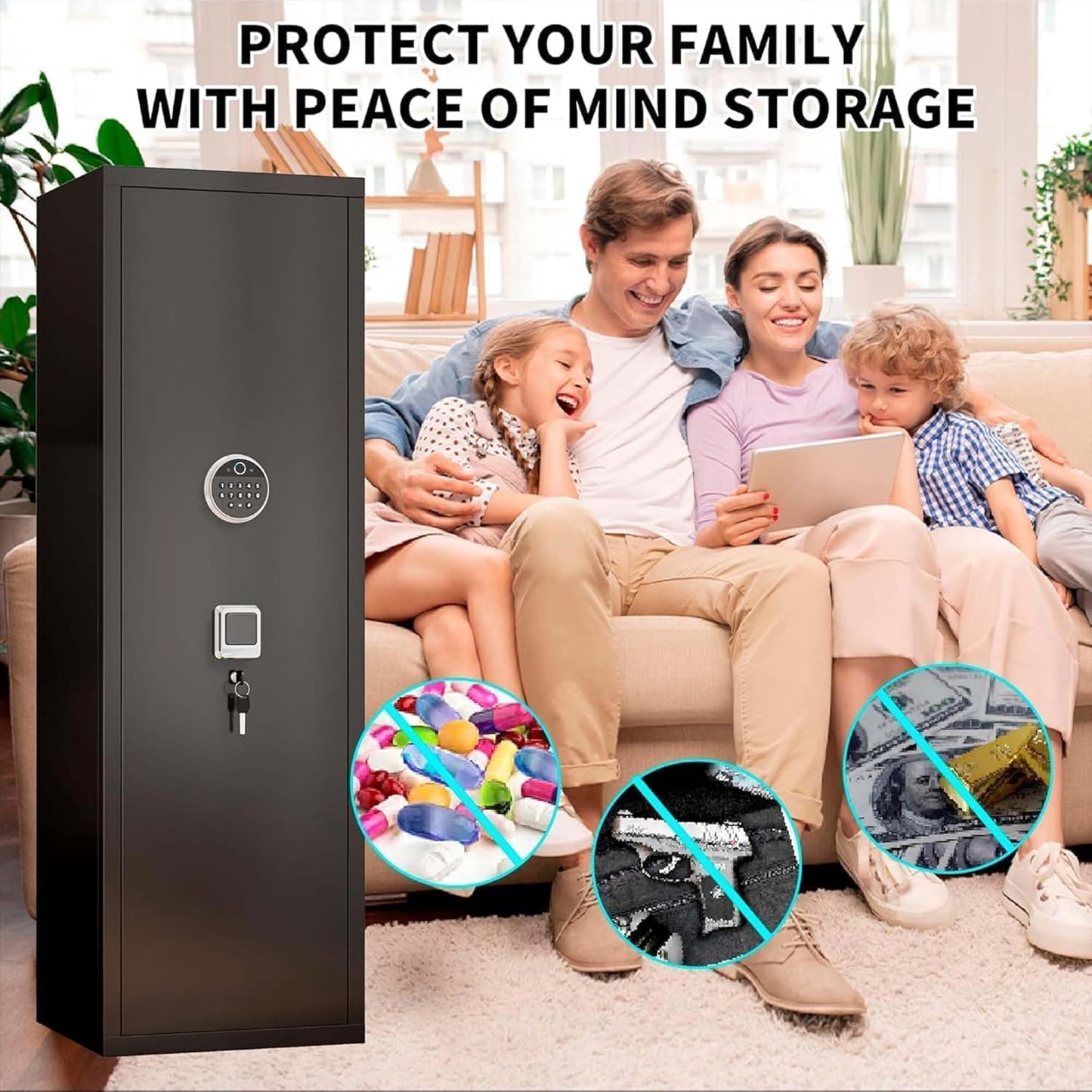 Biometric Gun Safe, Long Gun Safe, Rifle for Rifles and Pistols, Large Gun Cabinet with Fingerprint Lock for Home, No Assembly Required, Holds 14-15 Firearms with Adjustable Racks & Pistol Pockets