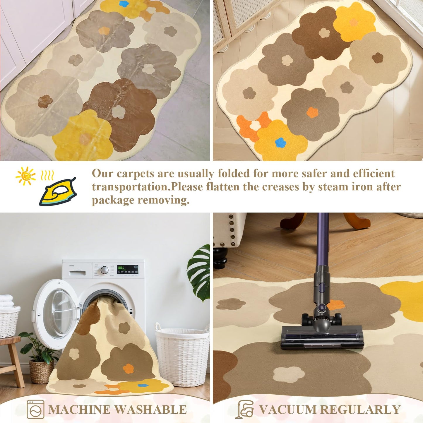 Floral Cute Rug 3x5 Irregular Scalloped Rug Beige Flower Shaped Indoor Mat Bedroom Floor Carpet Non Slip Washable Area Rug for Kids Room Playroom Living Room Entryway