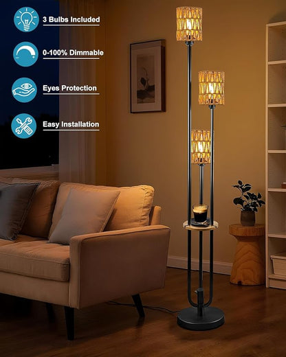 Lightdot Dimmable Boho Floor Lamps for Living Room, 3-Lights Rattan Floor Lamp with Shelves, 3000K Warmwhite Candle Holder Style Farmhouse Floor Lamp, Rustic Black Standing Lamp with Bulbs Included