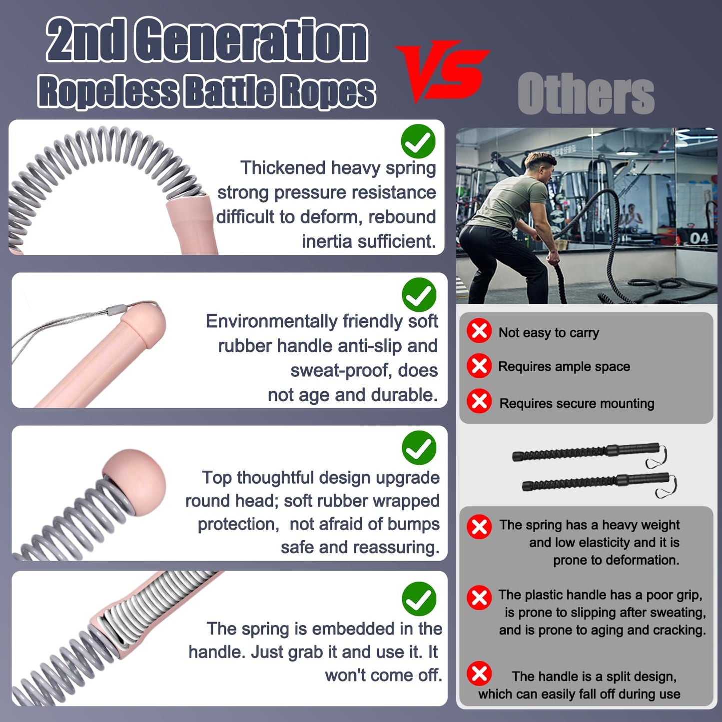 MOSHEEHDOR 2nd Gen Ropeless Battle Ropes for Home Gym, Heavy Duty Portable Cordless Battle Ropes with Integrated Spring (No Screws), Weighted Exercise Rope for Men & Women, HIIT Workout Equipment(Pink)