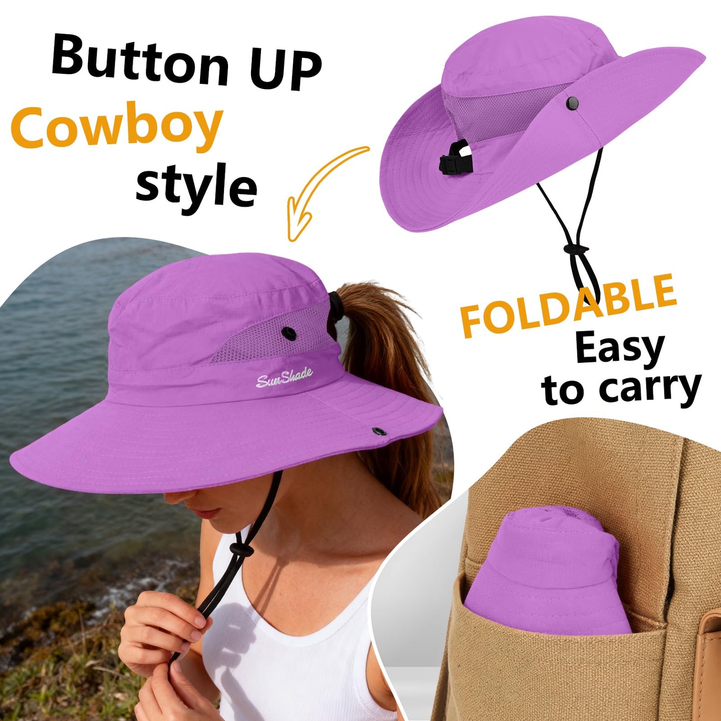 ZOORON Women's Ponytail Safari Sun Hat,Wide Brim UV Protection Outdoor Bucket Hat,Foldable Beach Summer Fishing Hat