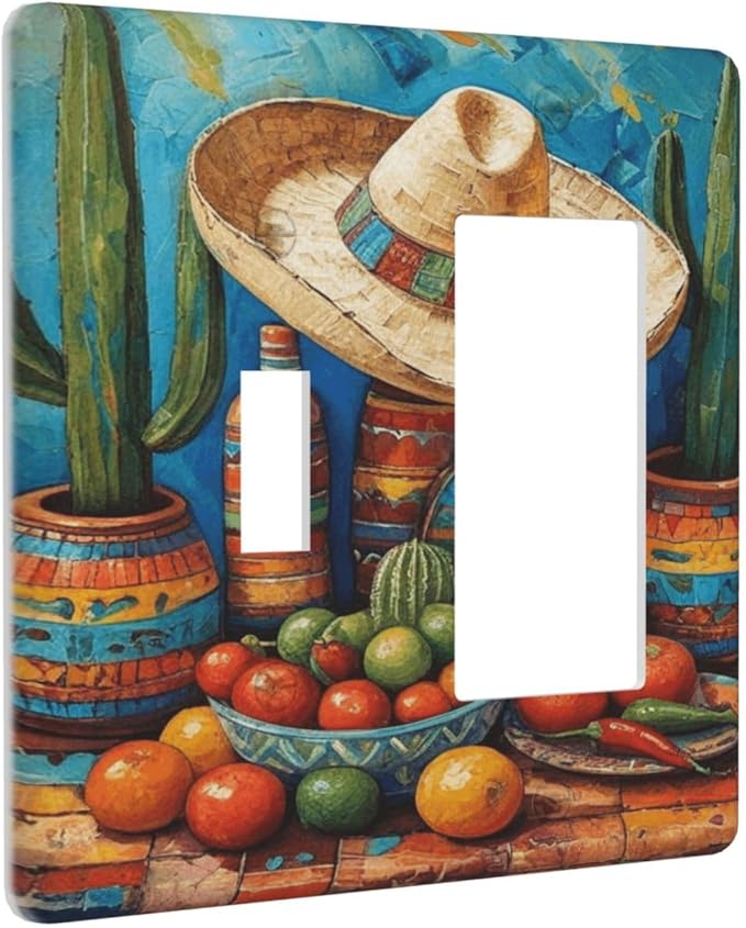 Decorative Art Light Switch Covers Mexican Sombrero & Serape Vibes 2 Gang Single Toggle Rocker Combination Electrical Faceplate Switchplate Wall Plate for Home Decor