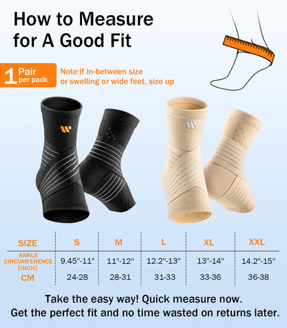 WHCOOL Low-Profile Ankle Braces for Women & Men, Customizable Ankle Compression Sleeve w/Wide Strap, Foot Support Wrap for Plantar Fasciitis Pain Relief, Achilles Tendonitis, Sprain, Black, 1 Pair, L