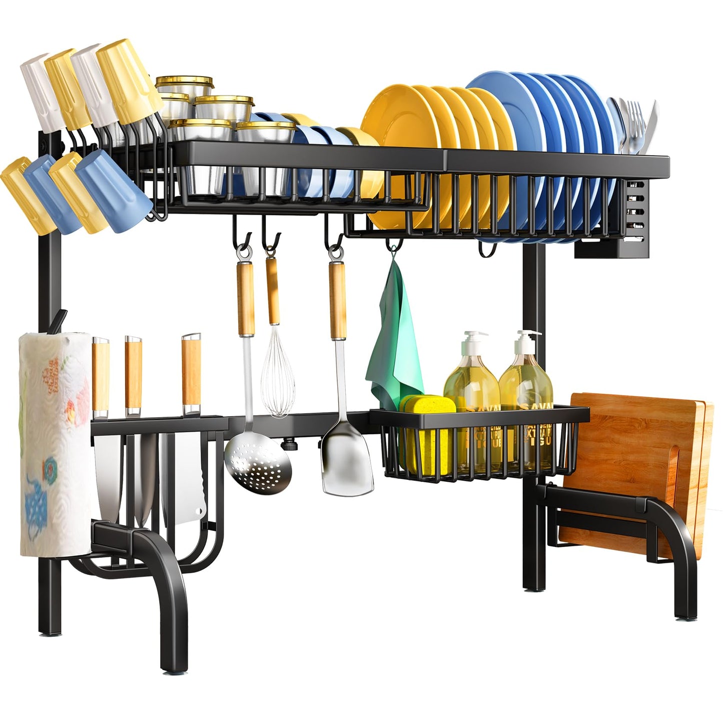Over The Sink Dish Drying Rack, Adjustable (25.5 to 33.5 inch) 2 Tier Dish Drying Racks for Kitchen Counter with Paper Towel Holder Cup Utensil Holder ChoppingBoard Holder Sink Caddy Hooks, Black
