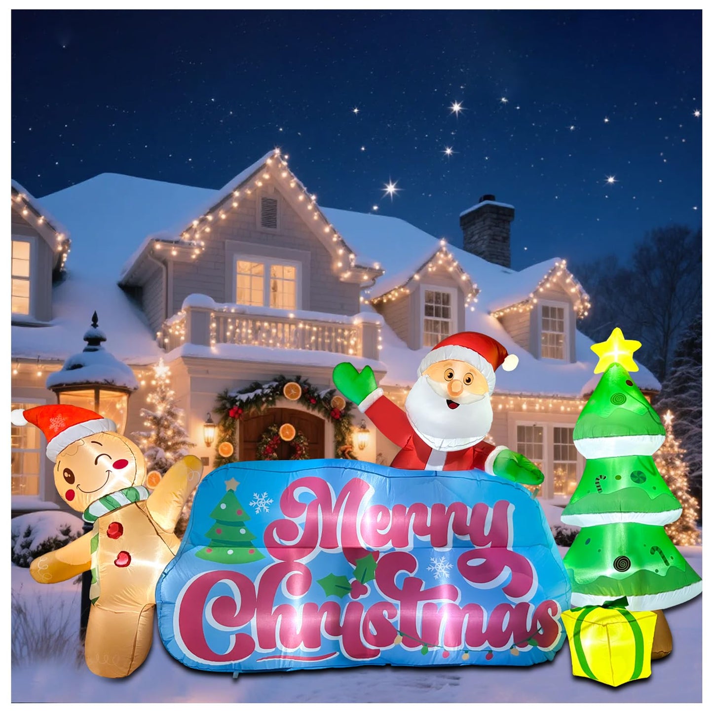 OILCUP 9.2 FT Inflatables Merry Christmas Banner with Santa, Gingerbread Man & Christmas Tree, Blow Ups Outdoor Inflatables Sign with Build-in LEDs for Lawn Yard Winter Holiday Xmas Party Decor